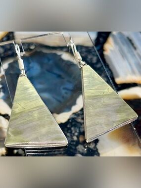 Triangular Drop Light Green Larsonite Earrings 2”